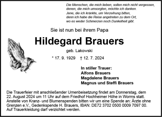 Traueranzeige von Hildegard Brauers von Wormser Zeitung