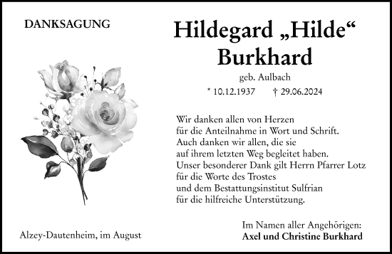 Traueranzeige von Hildegard  Burkhard von Allgemeine Zeitung Alzey