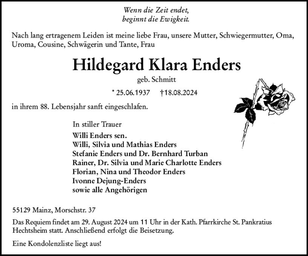  Traueranzeige für Hildegard Enders vom 24.08.2024 aus Allgemeine Zeitung Mainz