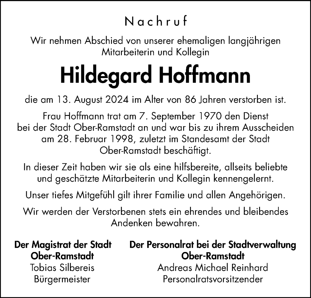  Traueranzeige für Hildegard Hoffmann vom 31.08.2024 aus Darmstädter Echo