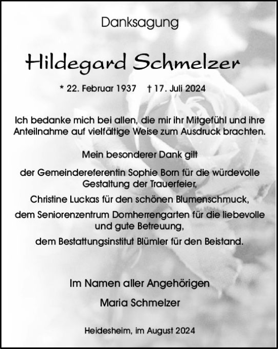 Traueranzeige von Hildegard Schmelzer von Allgemeine Zeitung Mainz