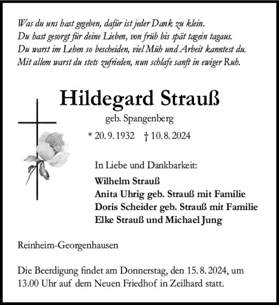  Traueranzeige für Hildegard Strauß vom 12.08.2024 aus Odenwälder Echo