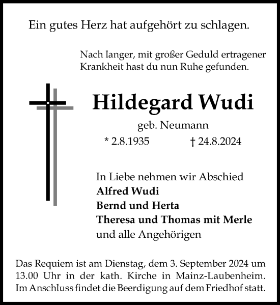 Traueranzeige von Hildegard Wudi von Allgemeine Zeitung Mainz