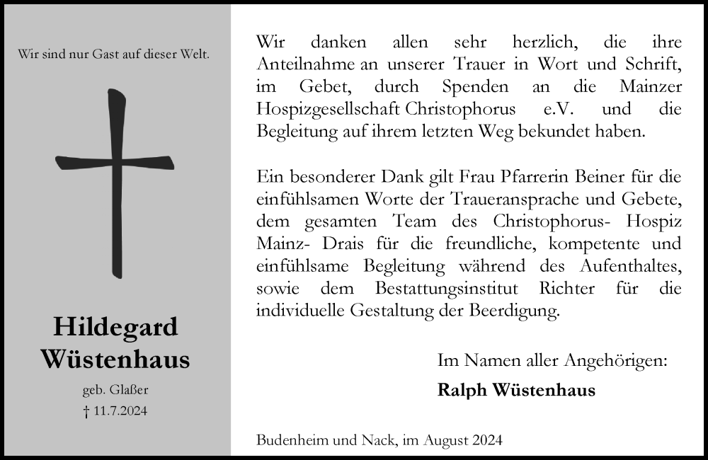  Traueranzeige für Hildegard Wüstenhaus vom 31.08.2024 aus Allgemeine Zeitung Mainz