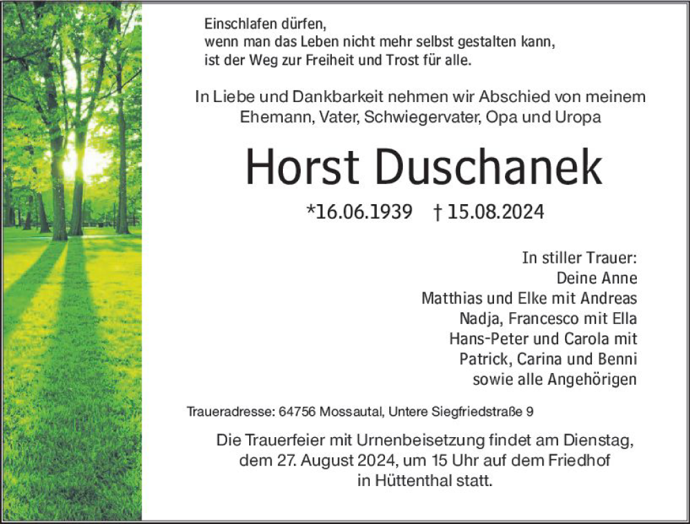  Traueranzeige für Horst Duschanek vom 24.08.2024 aus Odenwälder Echo