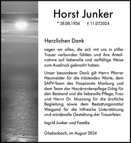 Traueranzeige von Horst Junker von Hinterländer Anzeiger