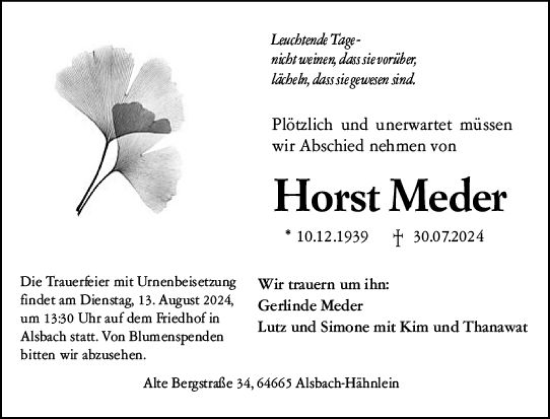 Traueranzeige von Horst Meder von Darmstädter Echo