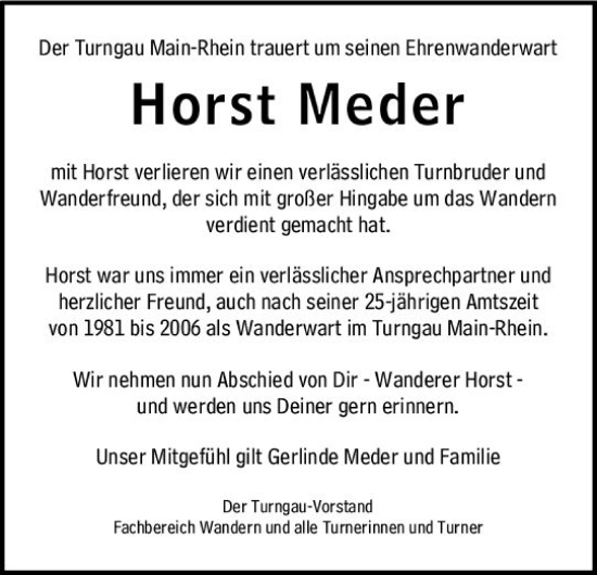 Traueranzeige von Horst Meder von Rüsselsheimer Echo