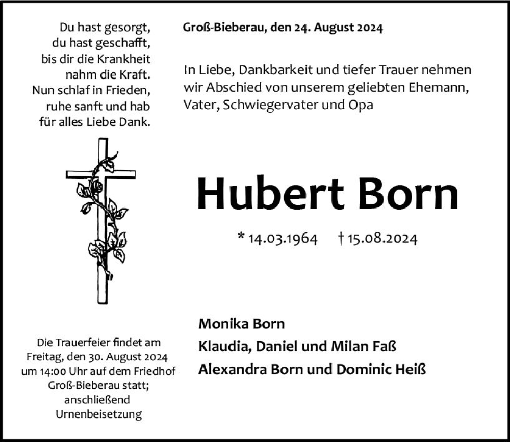  Traueranzeige für Hubert Born vom 24.08.2024 aus Darmstädter Echo