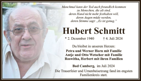 Traueranzeige von Hubert Schmitt von Camberger Anzeiger