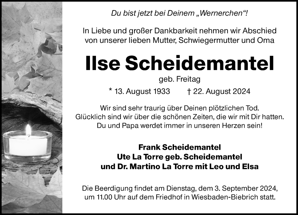 Traueranzeige für Ilse Scheidemantel vom 31.08.2024 aus Wiesbadener Kurier