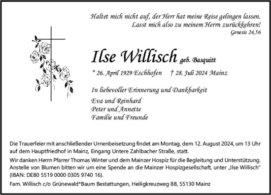 Traueranzeige von Ilse Willisch von Allgemeine Zeitung Mainz
