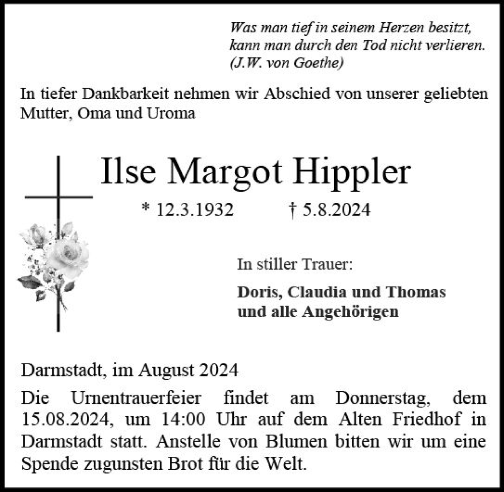  Traueranzeige für Ilse Margot Hippler vom 10.08.2024 aus Darmstädter Echo