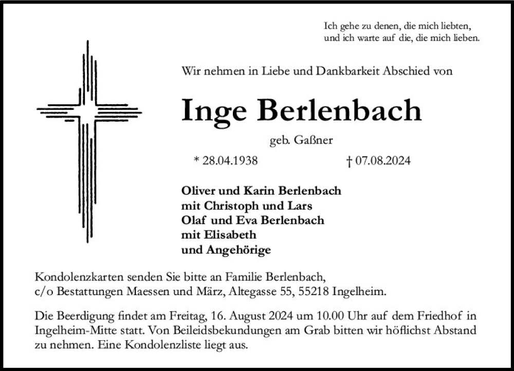  Traueranzeige für Inge Berlenbach vom 10.08.2024 aus Allgemeine Zeitung Rheinhessen-Nahe