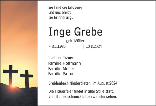 Traueranzeige von Inge Grebe von Hinterländer Anzeiger