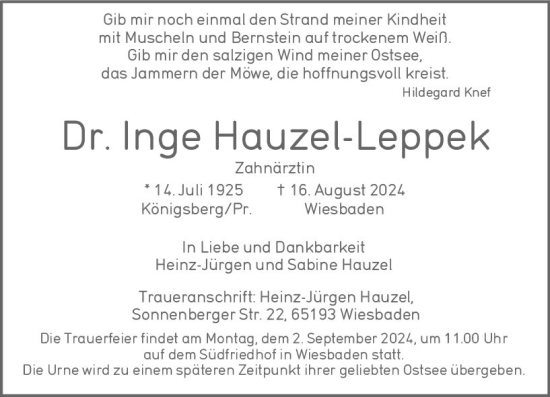 Traueranzeige von Inge Hauzel-Leppek von Wiesbadener Kurier