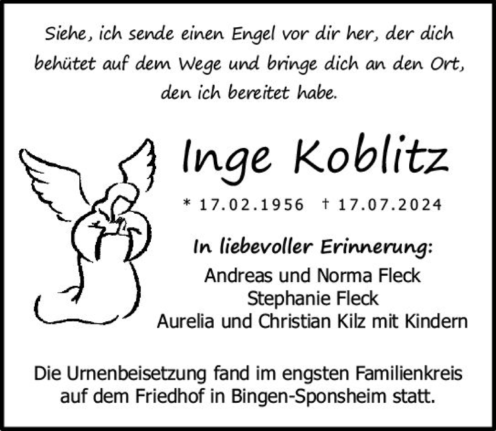  Traueranzeige für Inge Koblitz vom 10.08.2024 aus Binger-/Ingelheimer Wochenblatt