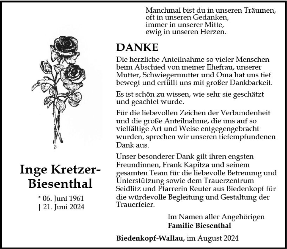  Traueranzeige für Inge Kretzer-Biesenthal vom 24.08.2024 aus Hinterländer Anzeiger