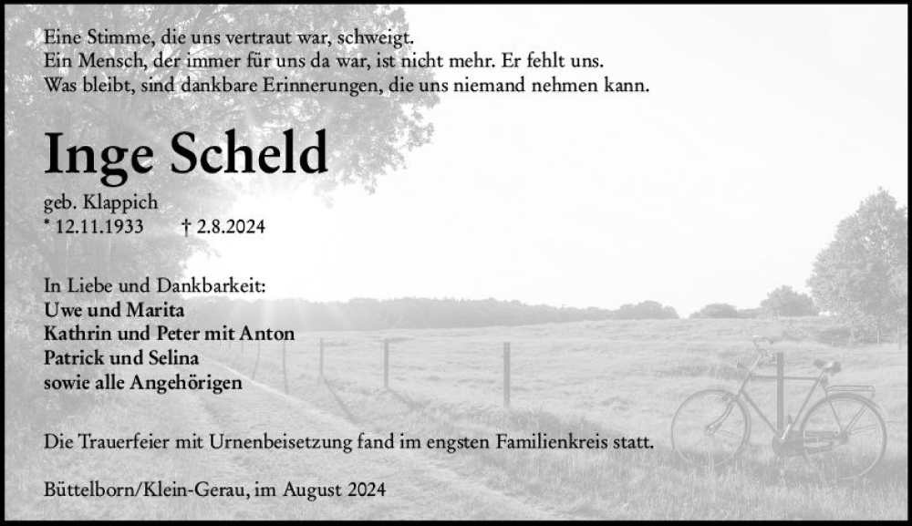  Traueranzeige für Inge Scheld vom 17.08.2024 aus Groß-Gerauer Echo