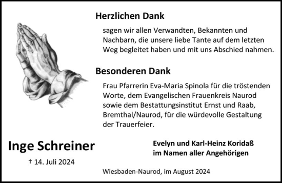 Traueranzeige von Inge Schreiner von Wiesbadener Kurier