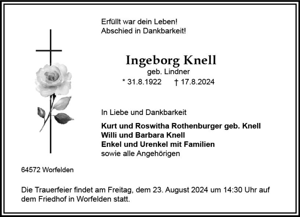  Traueranzeige für Ingeborg Knell vom 22.08.2024 aus Groß-Gerauer Echo