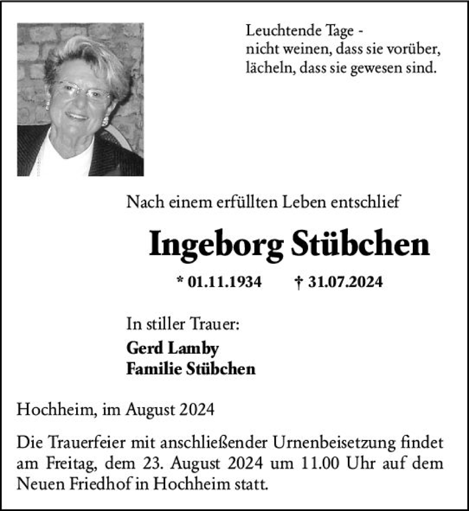  Traueranzeige für Ingeborg Stübchen vom 16.08.2024 aus Hochheimer Zeitung