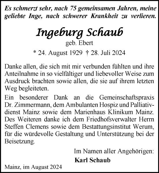Traueranzeige von Ingeburg Schaub von Allgemeine Zeitung Mainz