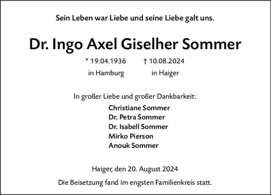Traueranzeige von Ingo Axel Giselher Sommer von Dill Block