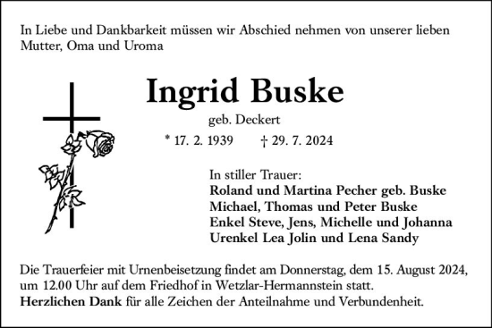 Traueranzeige von Ingrid Buske von Wetzlarer Neue Zeitung