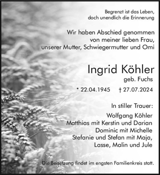 Traueranzeige von Ingrid Köhler von Darmstädter Echo