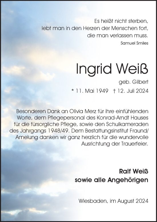 Traueranzeige von Ingrid Weiß von Wiesbadener Kurier