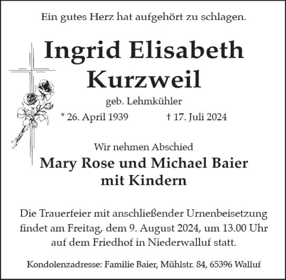  Traueranzeige für Ingrid Elisabeth Kurzweil vom 03.08.2024 aus Wiesbadener Kurier