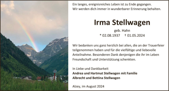 Traueranzeige von Irma Stellwagen von Allgemeine Zeitung Alzey