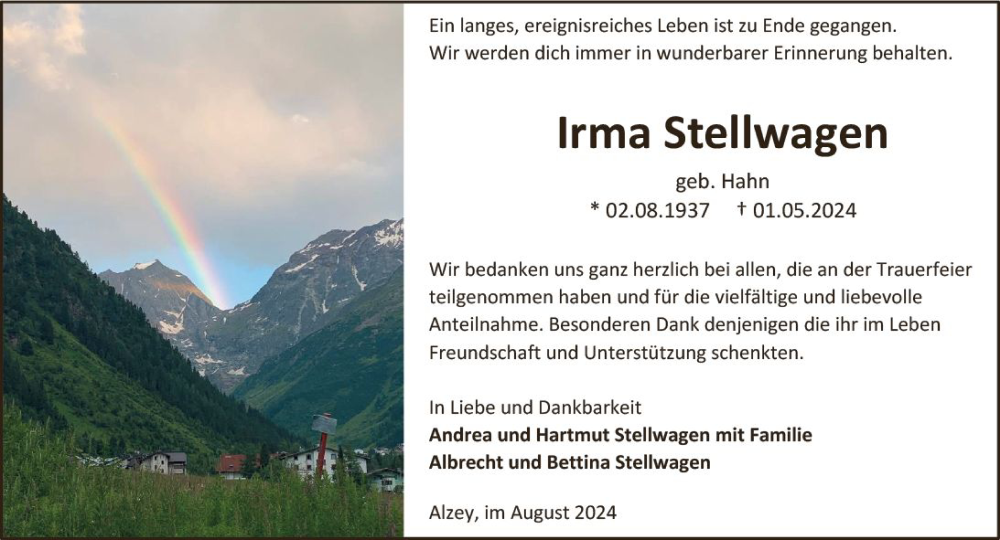  Traueranzeige für Irma Stellwagen vom 03.08.2024 aus Allgemeine Zeitung Alzey
