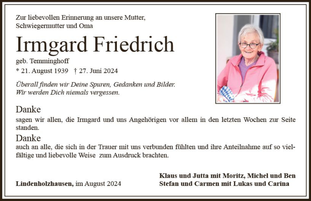  Traueranzeige für Irmgard Friedrich vom 10.08.2024 aus Nassauische Neue Presse