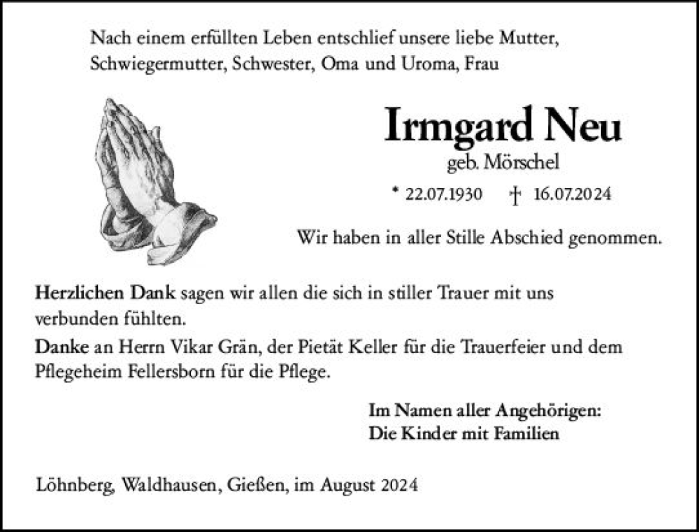  Traueranzeige für Irmgard Neu vom 17.08.2024 aus Weilburger Tageblatt