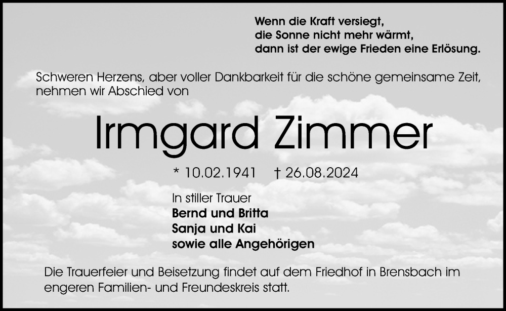  Traueranzeige für Irmgard Zimmer vom 31.08.2024 aus Odenwälder Echo