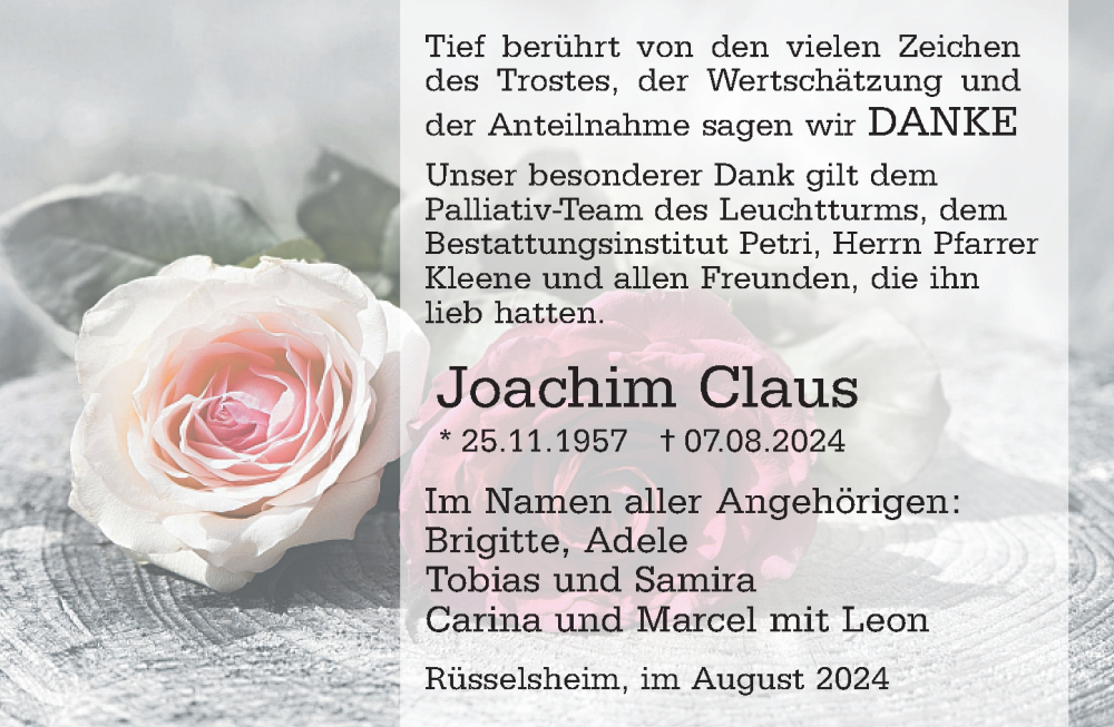  Traueranzeige für Joachim Claus vom 31.08.2024 aus Rüsselsheimer Echo