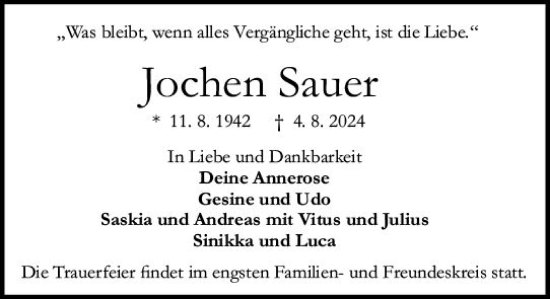 Traueranzeige von Jochen Sauer von Darmstädter Echo