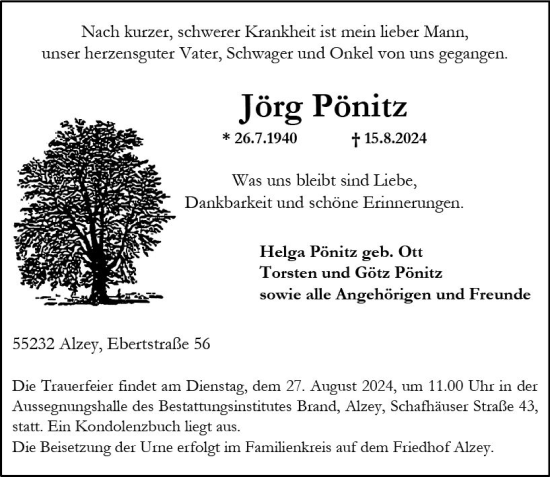 Traueranzeige von Jörg Pönitz von Allgemeine Zeitung Alzey