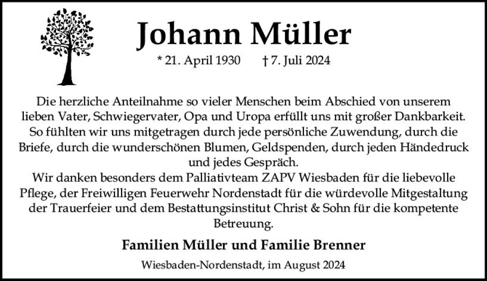  Traueranzeige für Johann Müller vom 17.08.2024 aus Wiesbadener Kurier