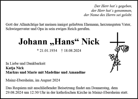 Traueranzeige von Johann Nick von Allgemeine Zeitung Mainz