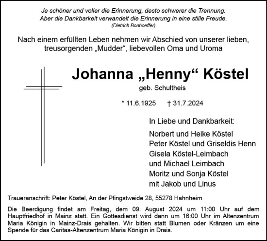 Traueranzeige von Johanna Köstel von Allgemeine Zeitung Mainz