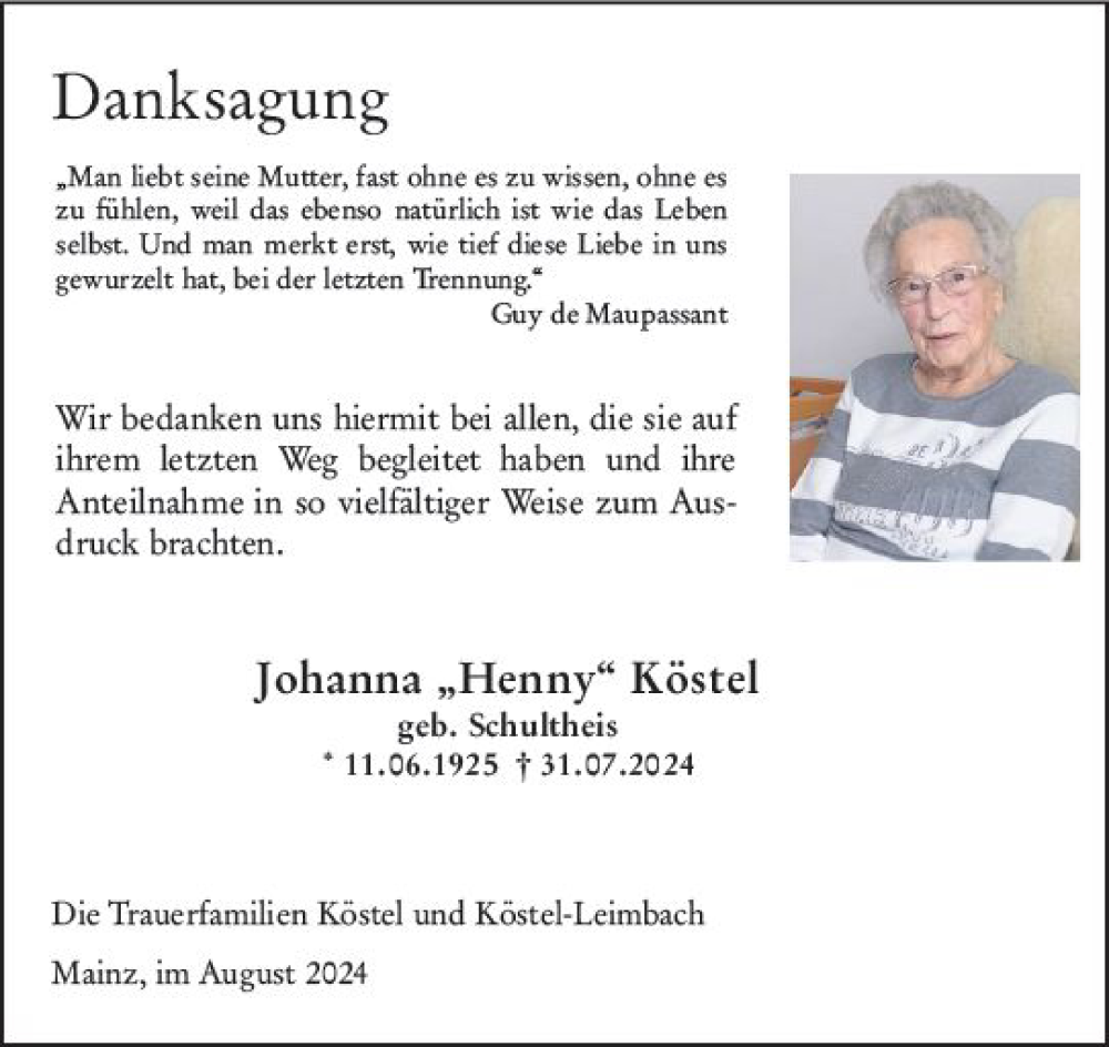  Traueranzeige für Johanna Köstel vom 24.08.2024 aus Allgemeine Zeitung Mainz