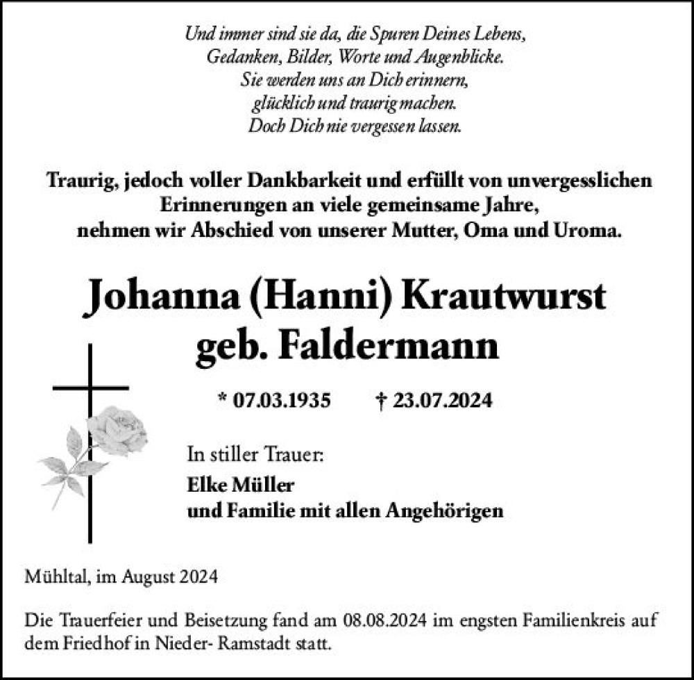 Traueranzeige für Johanna Krautwurst vom 17.08.2024 aus Darmstädter Echo