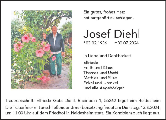 Traueranzeige von Josef Diehl von Allgemeine Zeitung Rheinhessen-Nahe