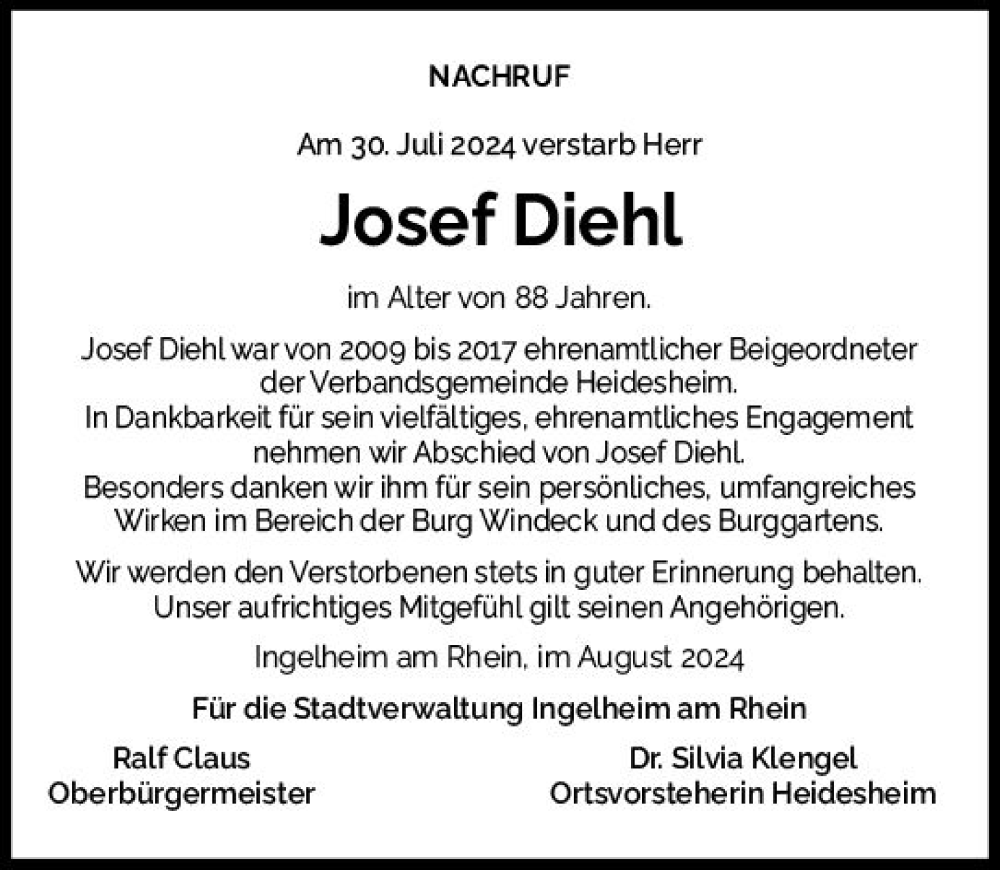  Traueranzeige für Josef Diehl vom 10.08.2024 aus Allgemeine Zeitung Rheinhessen-Nahe