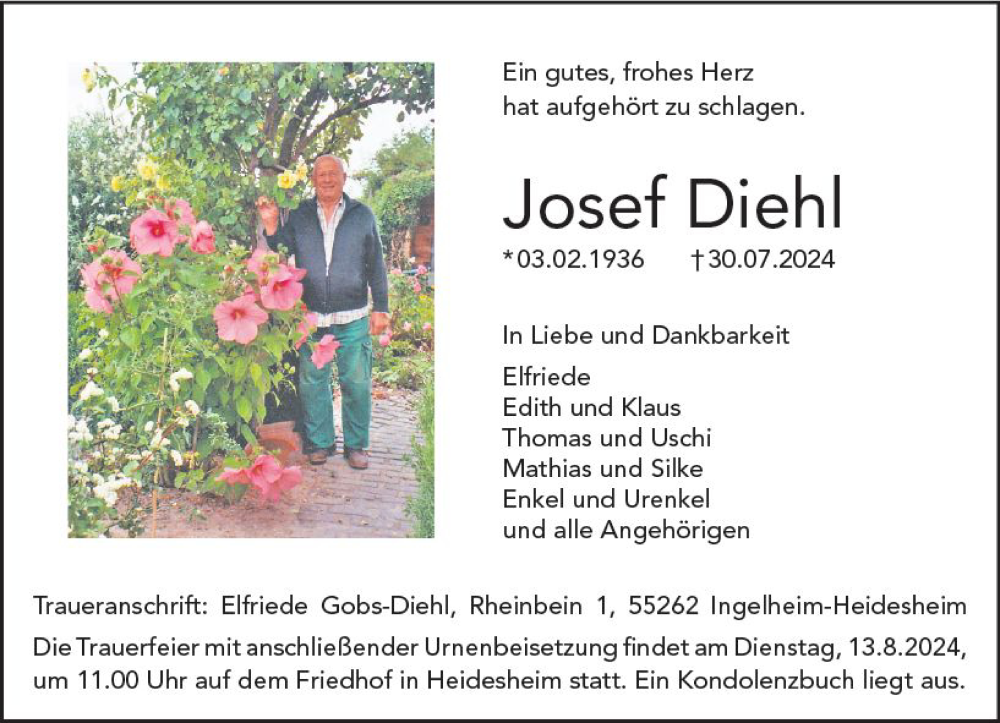  Traueranzeige für Josef Diehl vom 03.08.2024 aus Allgemeine Zeitung Rheinhessen-Nahe