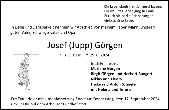 Traueranzeige von Josef Görgen von Darmstädter Echo