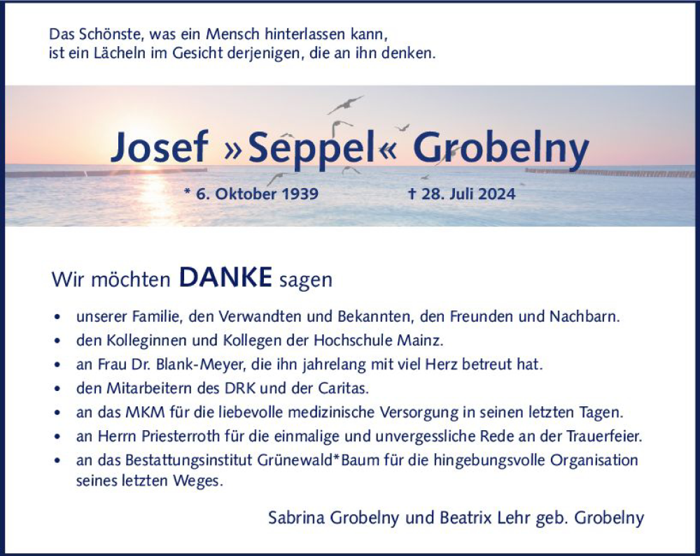  Traueranzeige für Josef Grobelny vom 24.08.2024 aus Allgemeine Zeitung Mainz